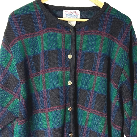 Tally Ho Creations Sweaters - VTG TALLY HO CREATION 2X Cardigan Red Plaid Sweater Women Gold Buttons